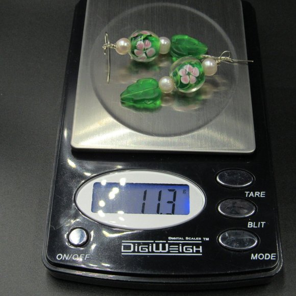 Sterling Silver Glass Floral Leaf Pearl Earrings - Picture 5 of 5